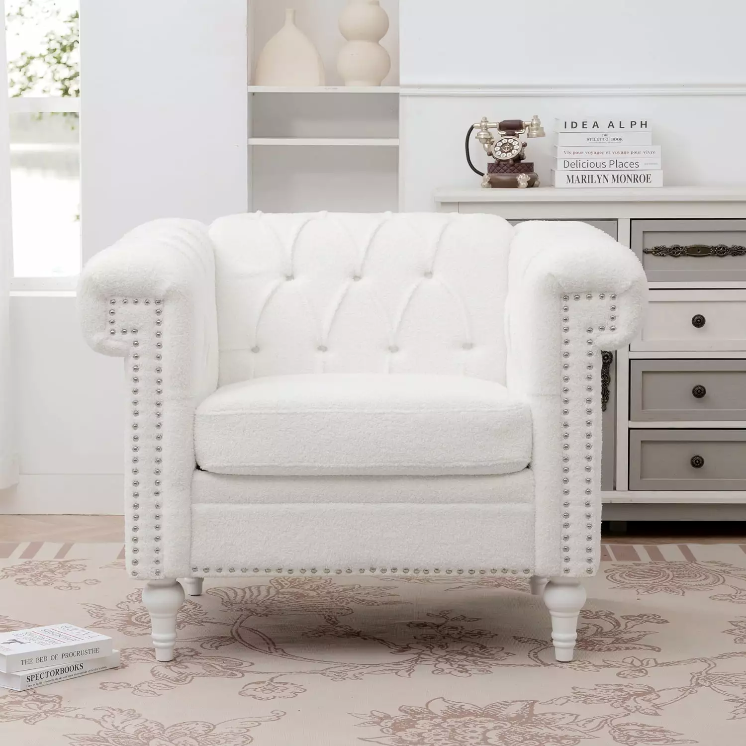 White Fabric 1 Seater Sofa Teddy Velvet Cover Birch Legs Quilting Treatment 38.98W x 32.68D x 29.53H Ponnky