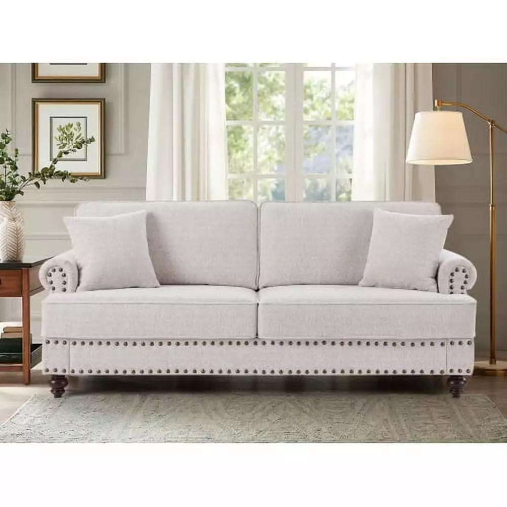 Chenille Modern Upholstered 2 Seater Sofa Nail Trim and Armrests White Hypeshops