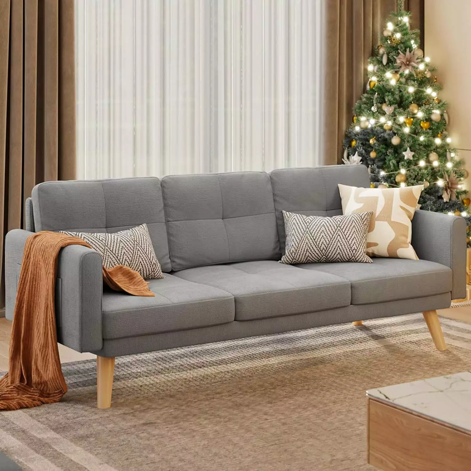 67 Inch Sofa Couch Soft Armrest and 3 Comfy Pillows Bedroom Living Room Office Small Spaces Gray jq01