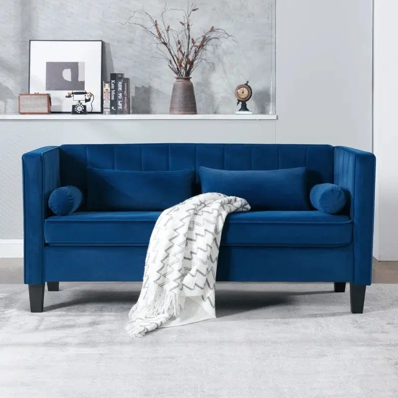 Sofa 64.96" Modern Sofa Couch 2 Seater Fabric Sofa Blue Wood Heavy Duty vanbow