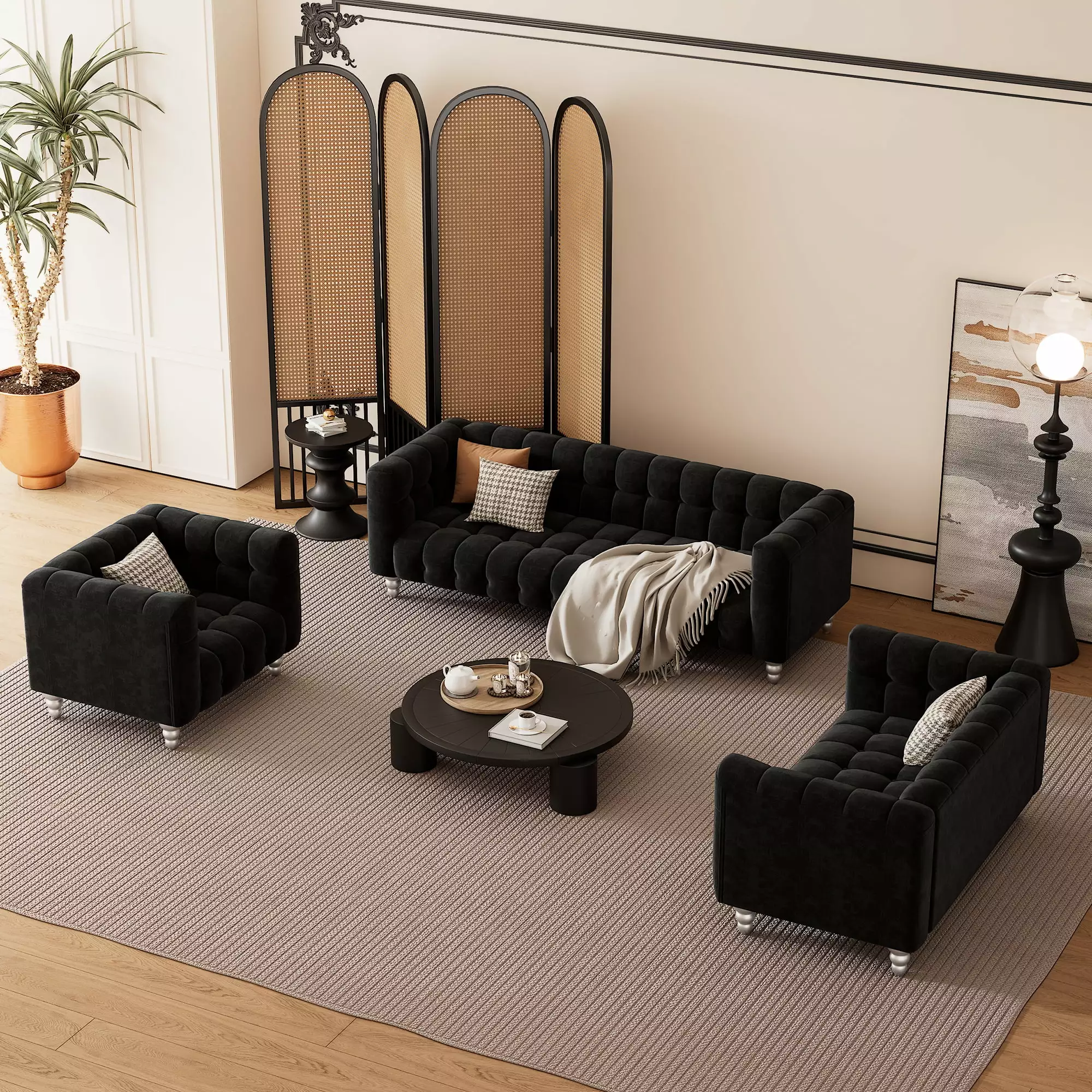 Modern 3-Piece Sofa Set Solid Wood Legs and Buttoned Tufted Backrest Black OMCCHK