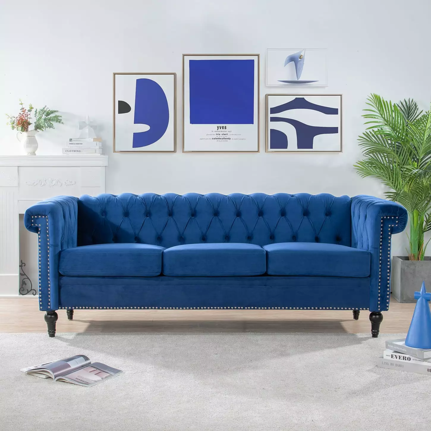 Classic Blue 3-Seater Sofa Square Arm Design - Removable Cushions and Silver Stud Trim HATNOKIL