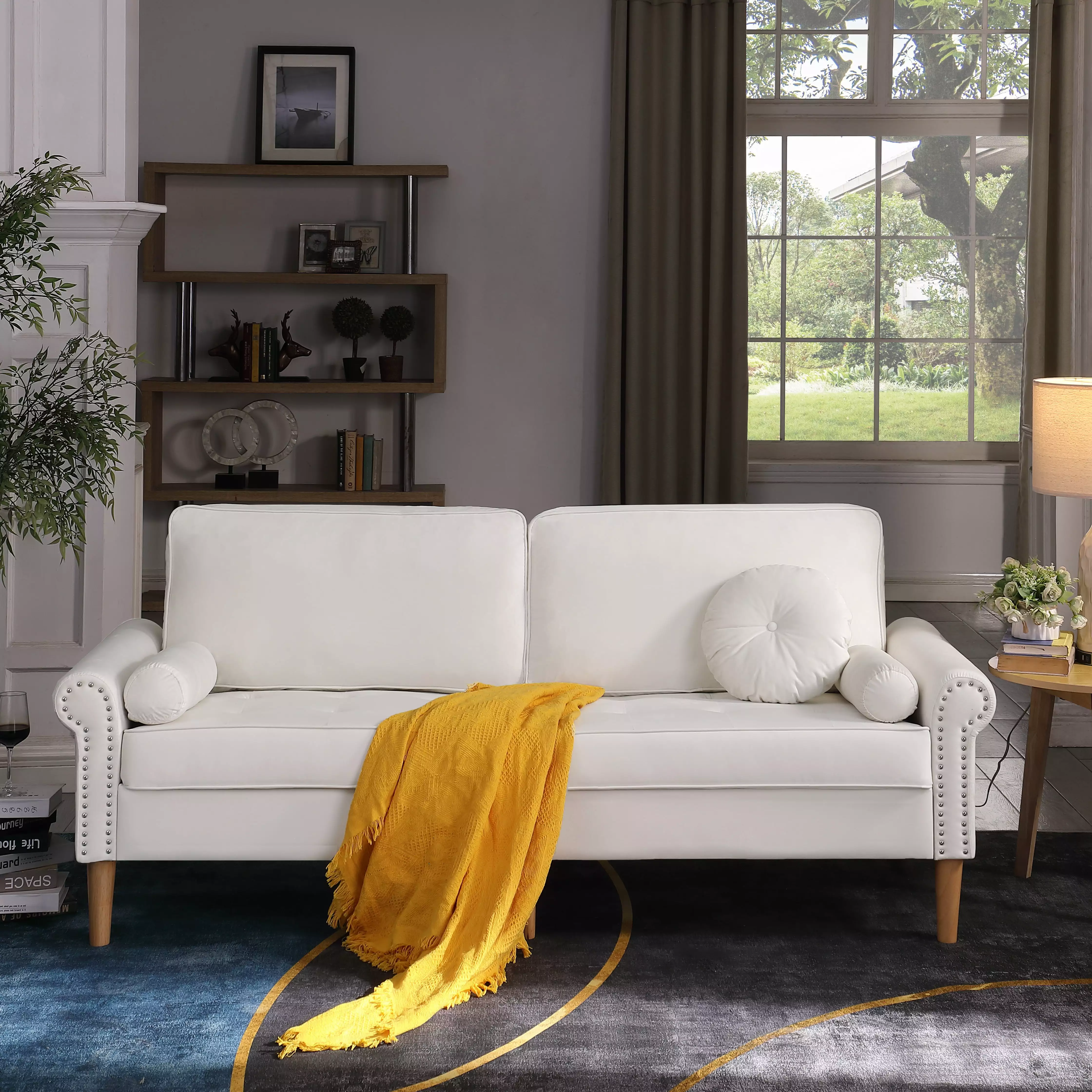 Living Room 3-Seater Sofa Copper Nail on Arms - White Three Pillows Jamini
