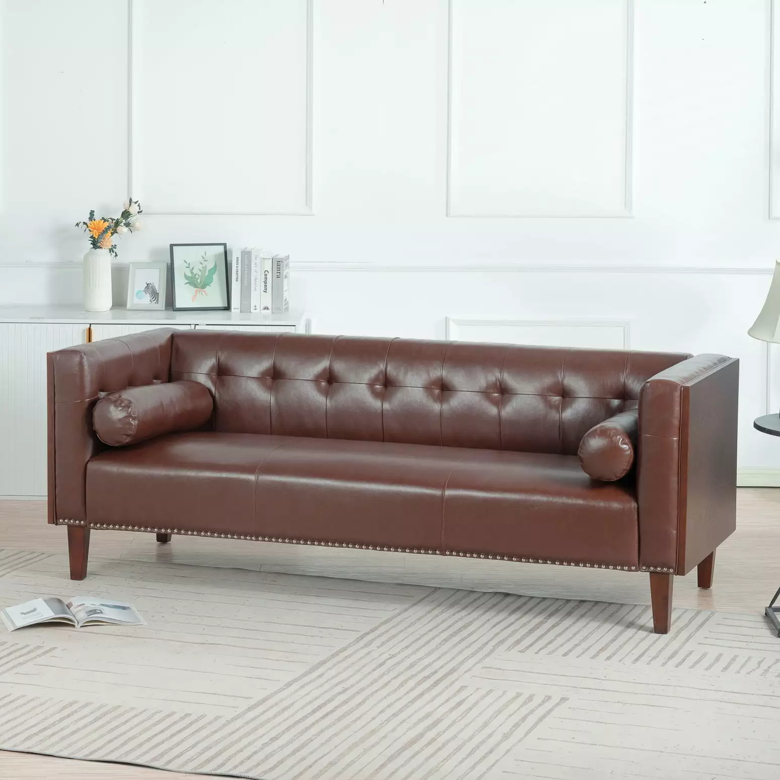 Dark Brown 78.74 Inch 3-Seater Sofa Wooden Decorated Arms - Mid-Century Modern Design Ponnky