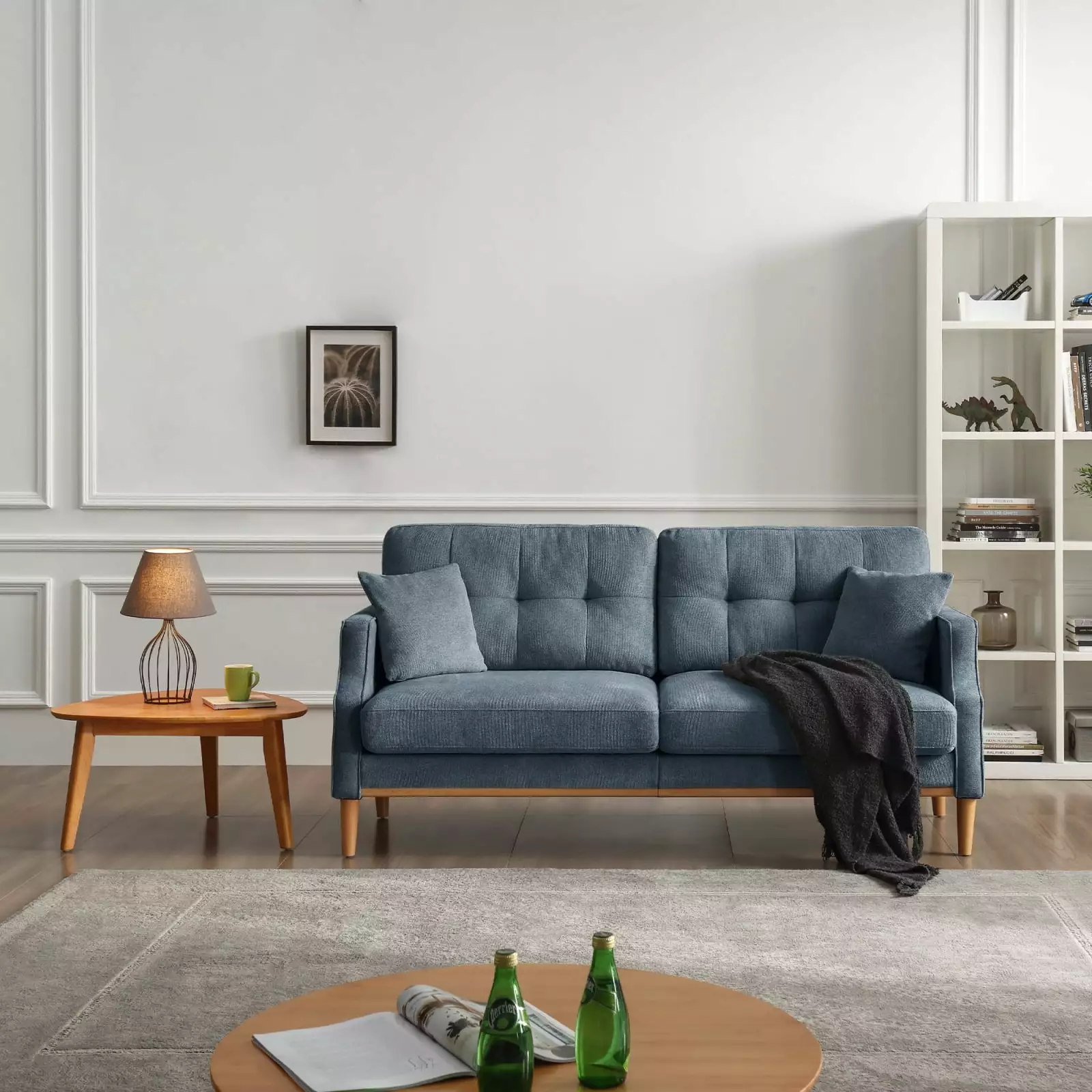 High-Quality Dark Blue 3-Seater Sofa Waterproof Fabric USB Charge Port Pine Wood Frame Ponnky