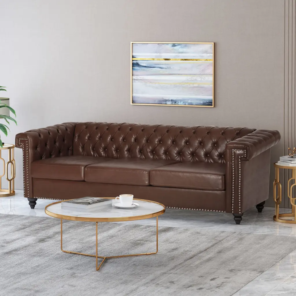 3 Seater Sofa Dark Brown PU Leather Modern Living Room Couch nh-perfect home