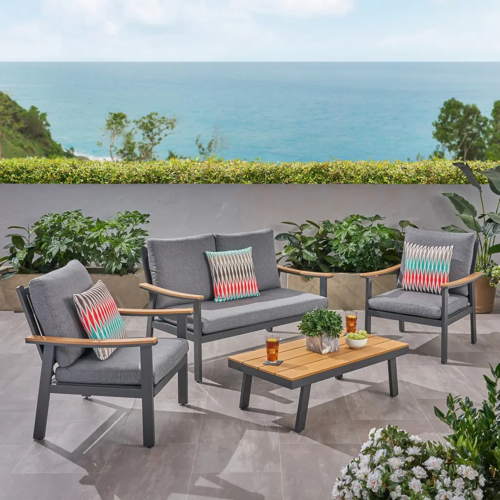Sinclair 4Pc Chat Set Grey Metal Mesh Wood Fabric nh-purenest