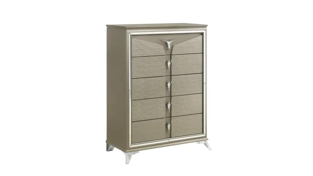Samantha Modern Style 5 Drawer Chest Made Wood and Mirrored Drawer Fronts galaxy home furnishings