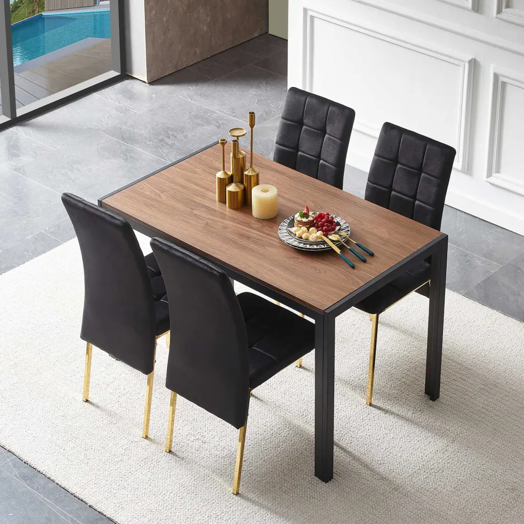 5 Piece Dining Set Black Velvet High Back Chairs Golden Legs Modern Kitchen Table bn smart home w1516