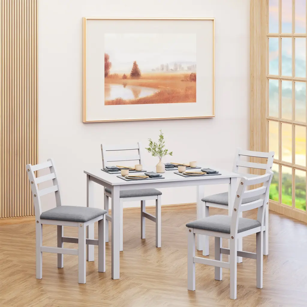 5 Piece Chic Dining Table Set 4 Upholstered Ladder Back Chairs golden walnut