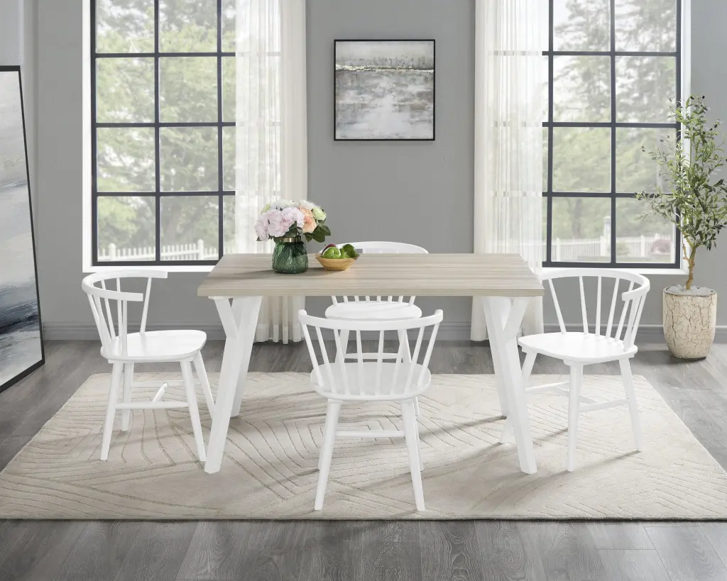 Roundhill Alwynn White And Natural Wood 5 Piece Dining Set Table and Chairs hz
