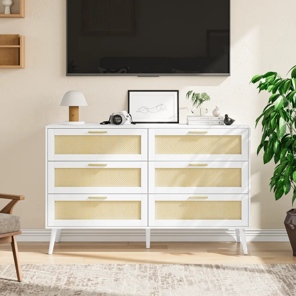 White Rattan 6 Drawer Chest Dressers Bedroom Modern Storage zhonglei