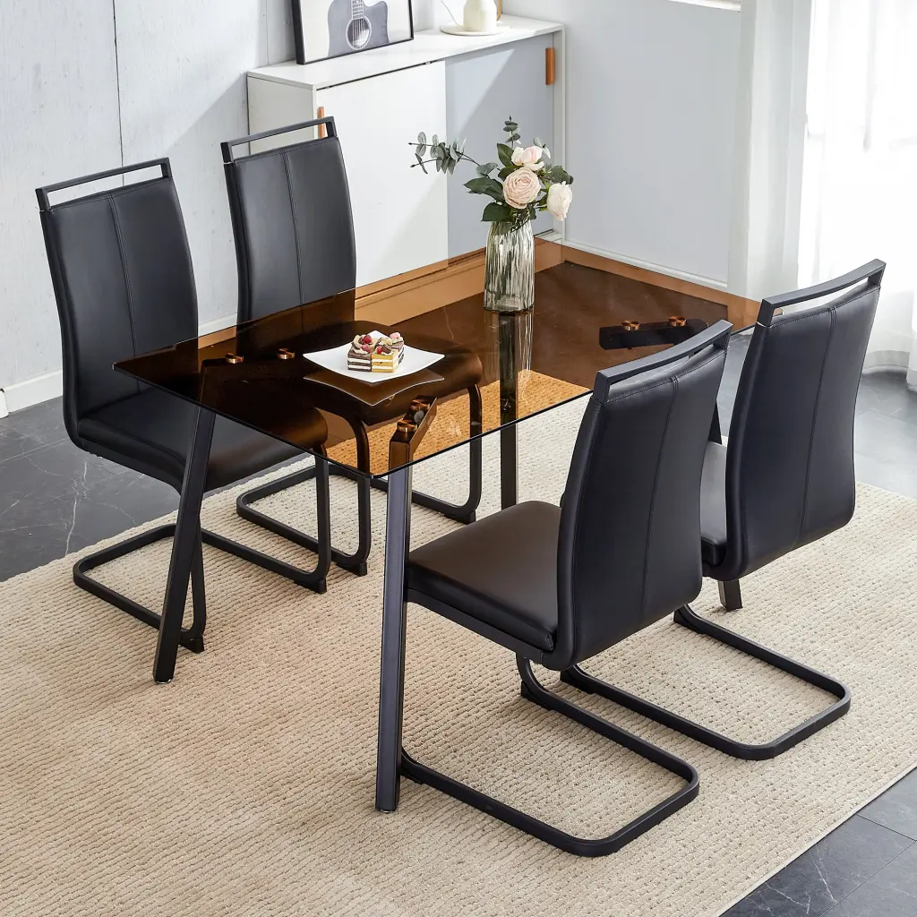 Table And Chair Set Large Modern Rectangular Table Brown Glass Top 6 Piece Dining Set droom w-1151