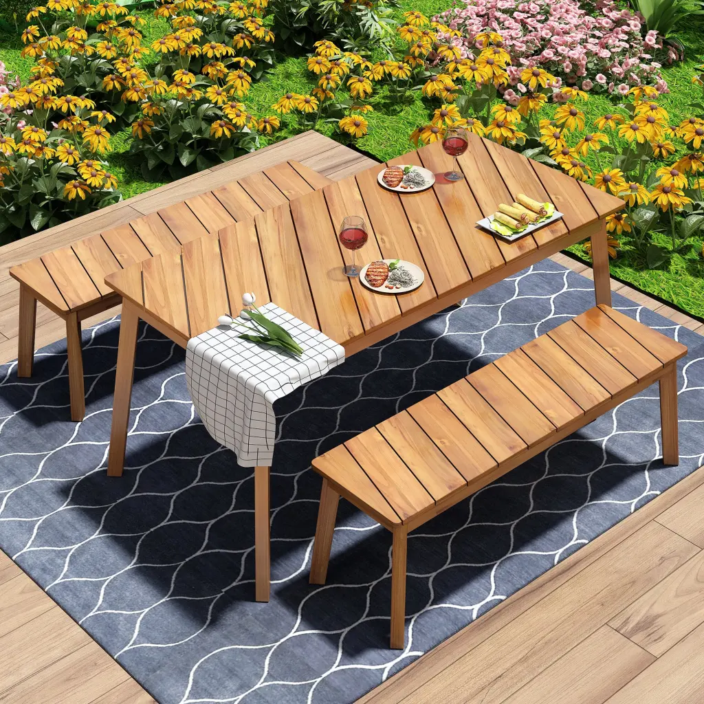 3 Piece Acacia Wood Table Bench Dining Set Outdoor and Indoor go