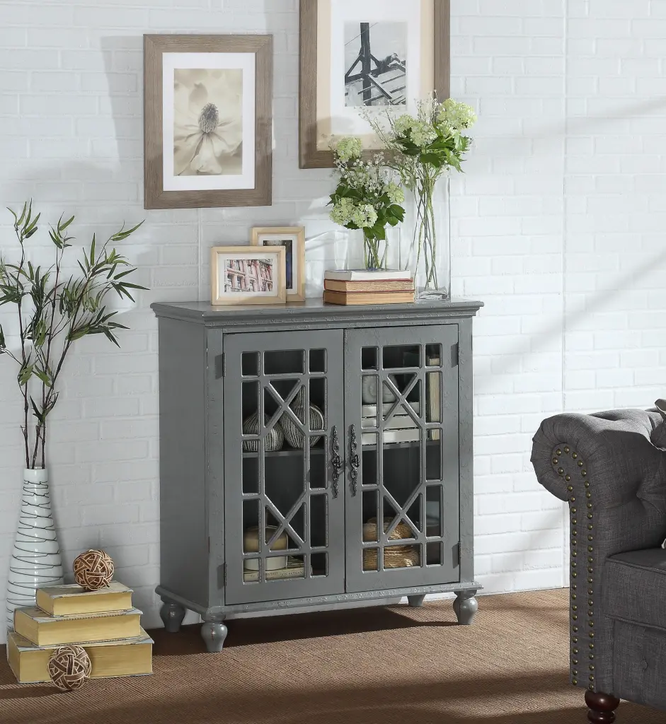 Antique Grey Accent Chest Timeless Storage Cabinet Glass Shelves kanepe