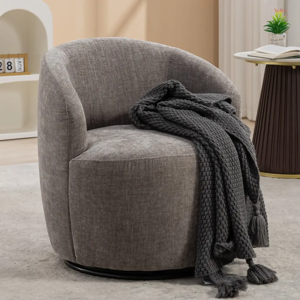 037 Chenille Fabric Swivel Accent Armchair Barrel Chair Black Powder Coated Base dg collection