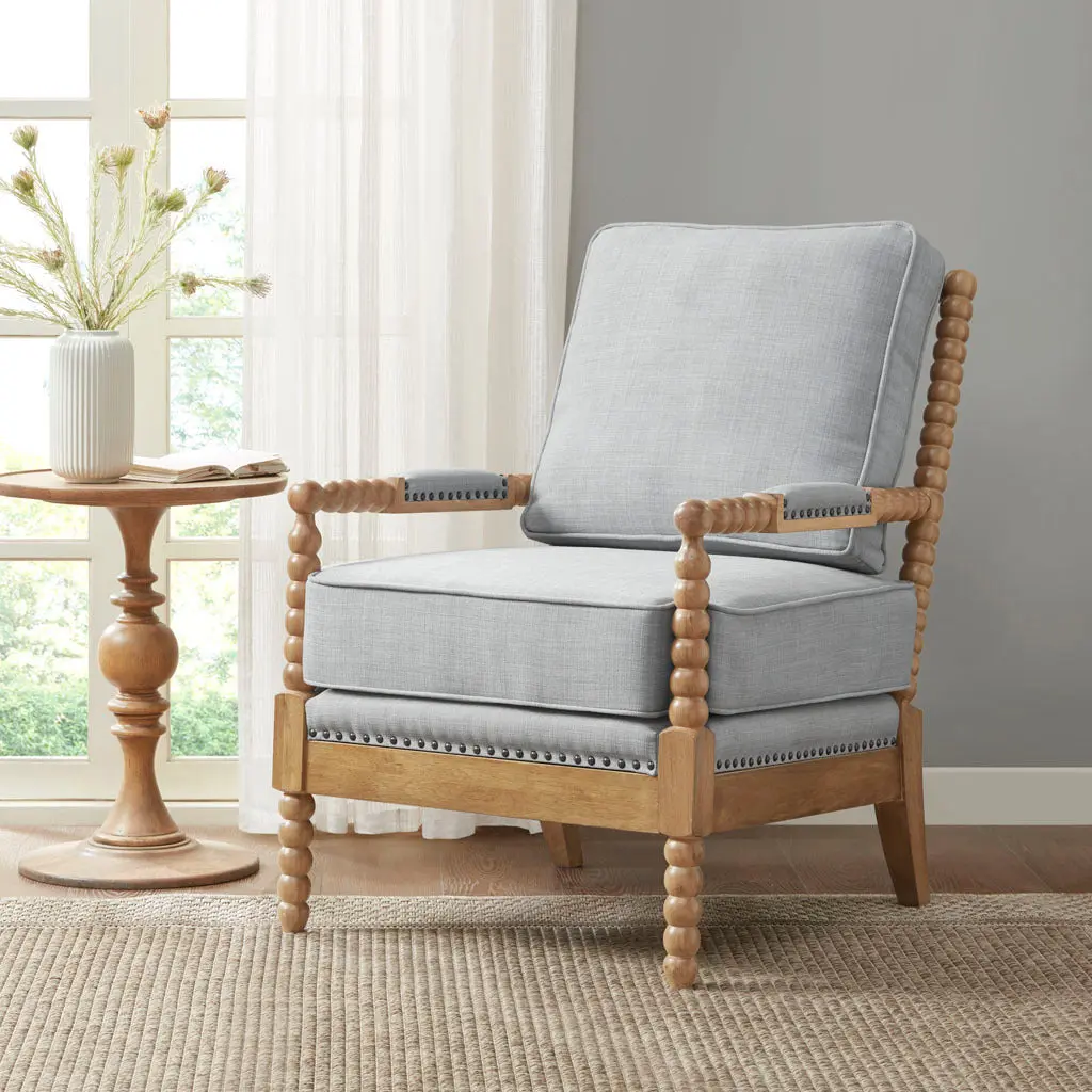 Accent Arm Chair Light Blue Camel Oak Polyester Upholstery jla
