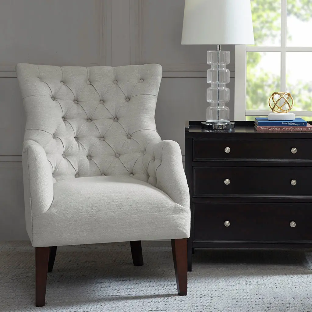Hannah Button Tufted Wing Chair Ivory Solid Wood jla