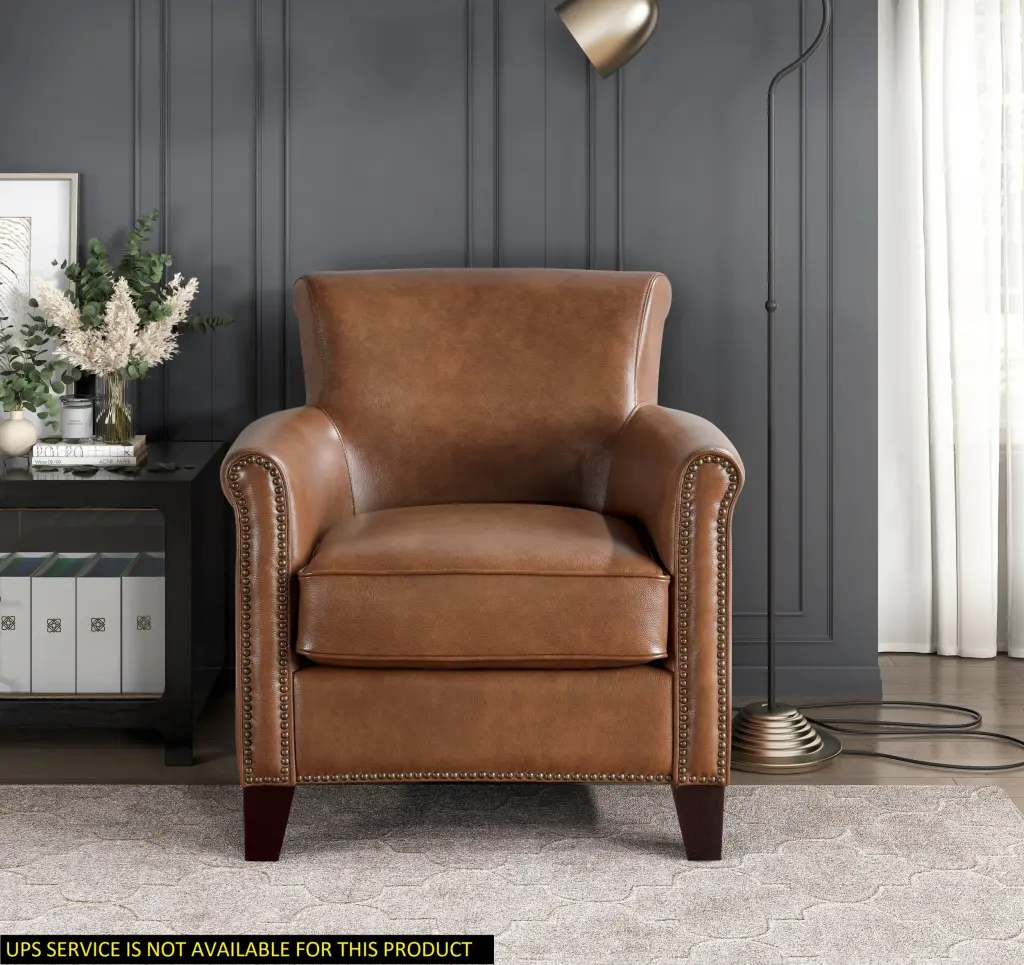 Traditional Brown Leather Accent Chair Solid Wood Frame Top Grain kanepe