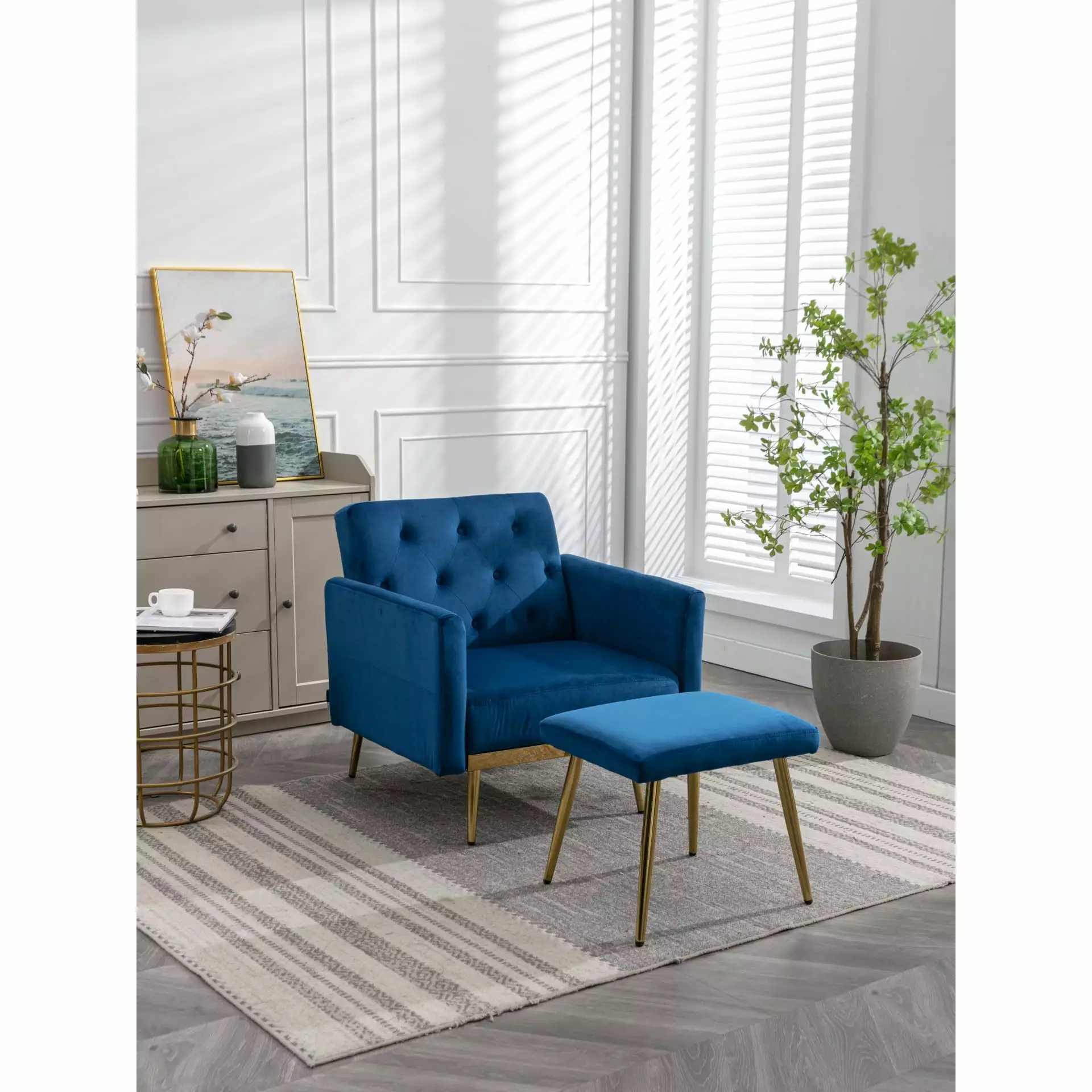Elegant Navy Velvet Recliner Chair Ottoman and Adjustable Backrest Ponnky