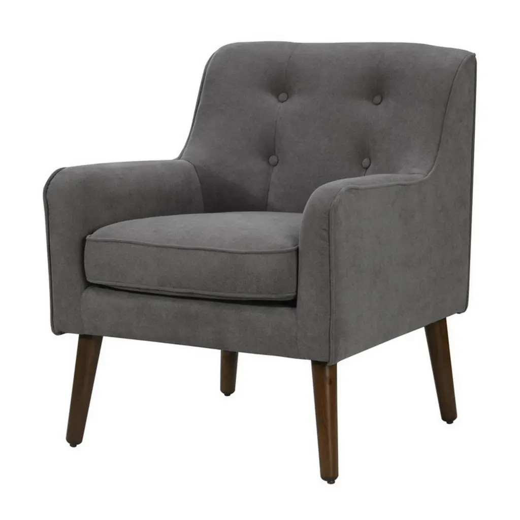 Kina 28 Inch Accent Chair Gray Fabric Button Tufted Angled Wood Legs royal hampton