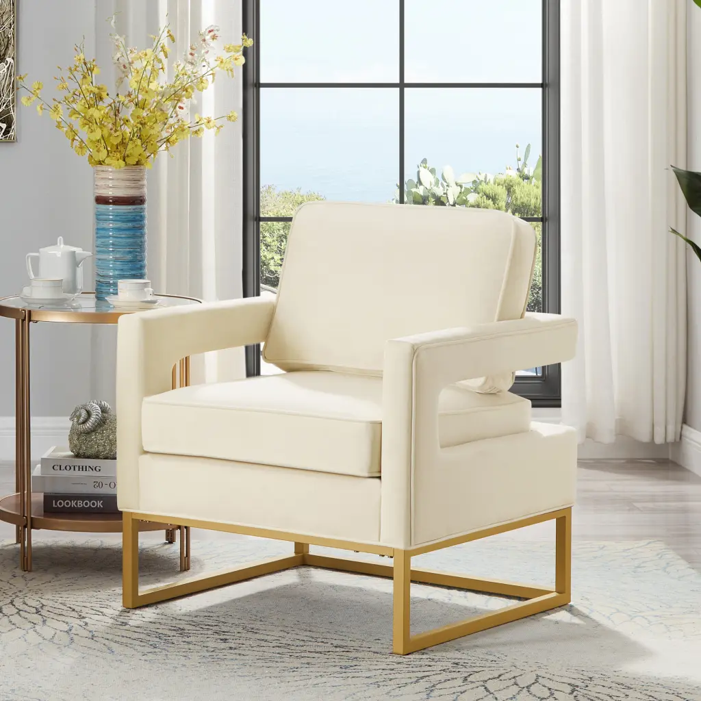 Modern Style Accent Chair Gold Metal Base Velvet Upholstered wm home furniture