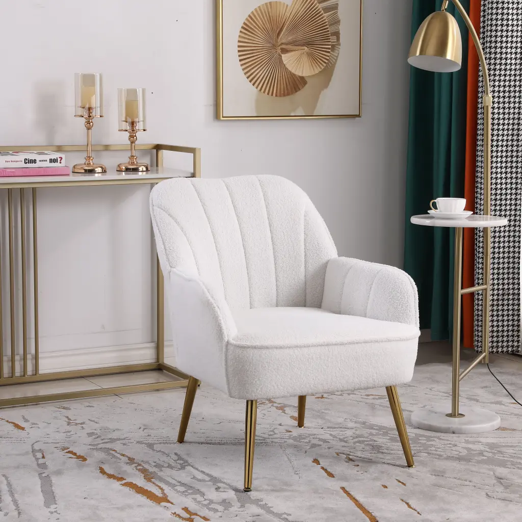Modern Soft White Teddy Fabric Ivory Ergonomics Accent Chair Living Room Seating xr-1361