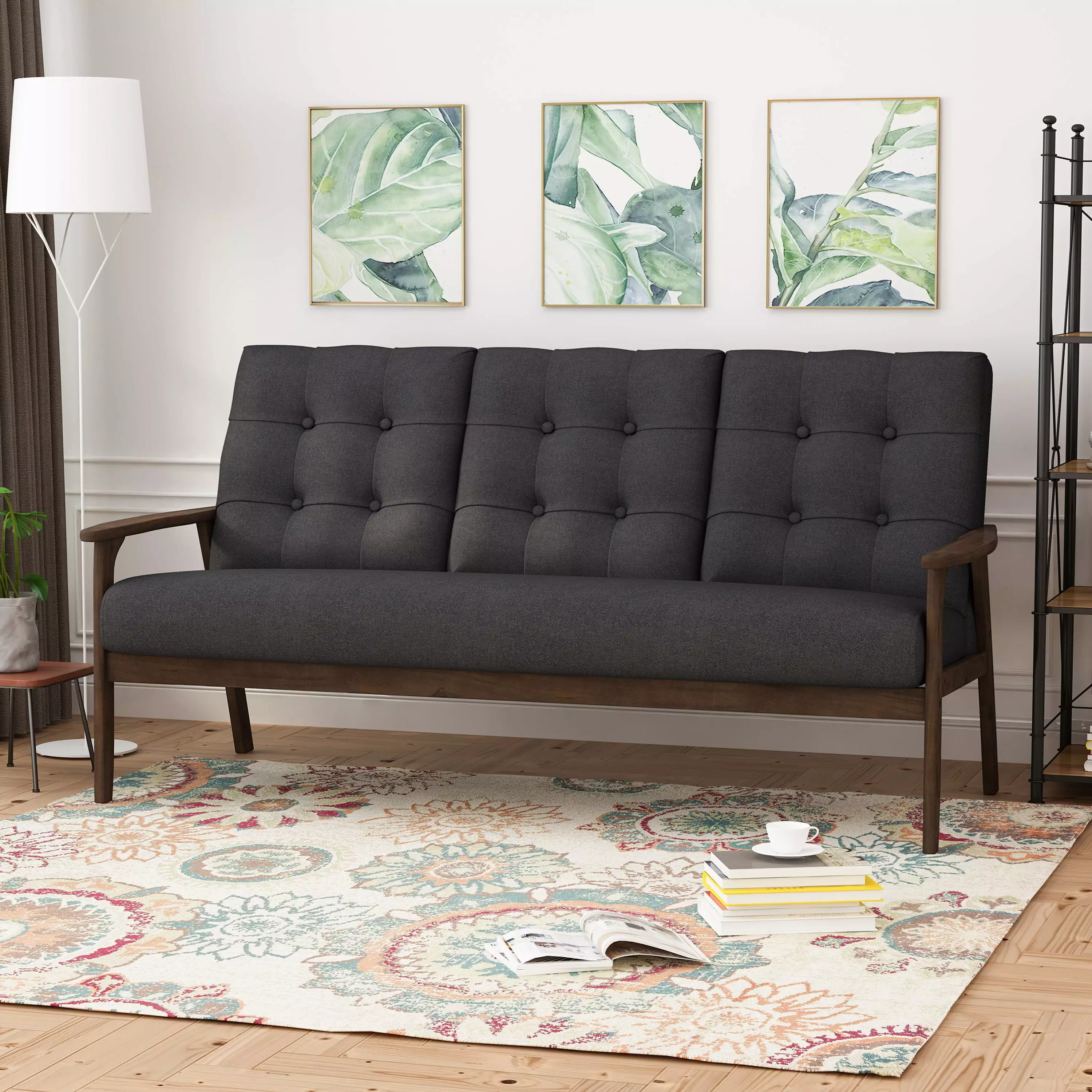 CoSoTower Mid Century Waffle Stitch Tufted Accent Sofa Rubberwood Legs