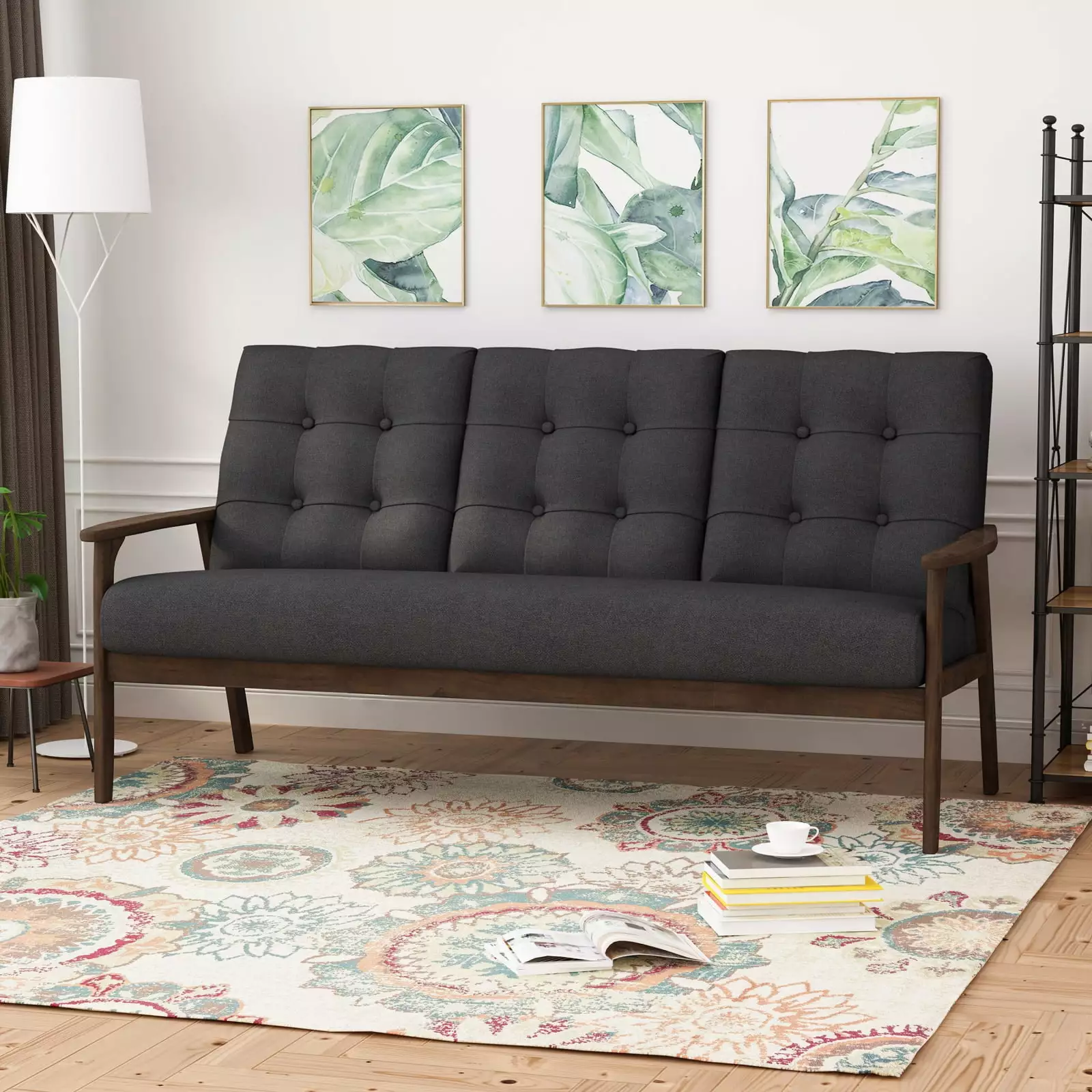 Miekor Furniture Athena Mid Century Waffle Stitch Tufted Accent Sofa Rubberwood Legs W5UBLK