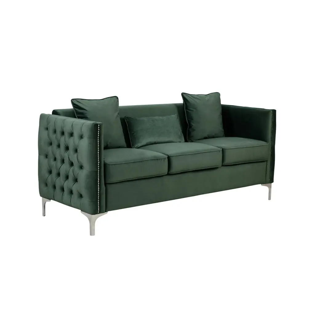 Zion 73 Inch Modern Accent Sofa Deep Button Tufted Sides Green Velvet royal hampton