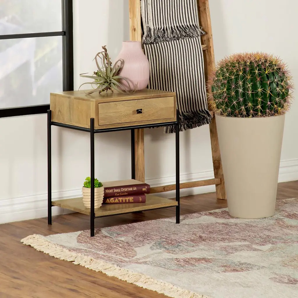 Natural Mango Wood 1 Drawer Accent Table Bottom Shelf Brown Living Room furniture max