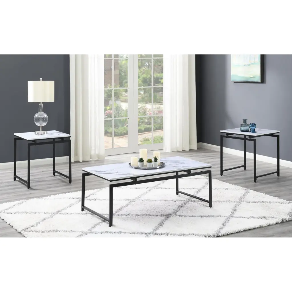 White Faux Marble and Dark Gunmetal 3 Piece Occasional Table Set Living Room furniture max