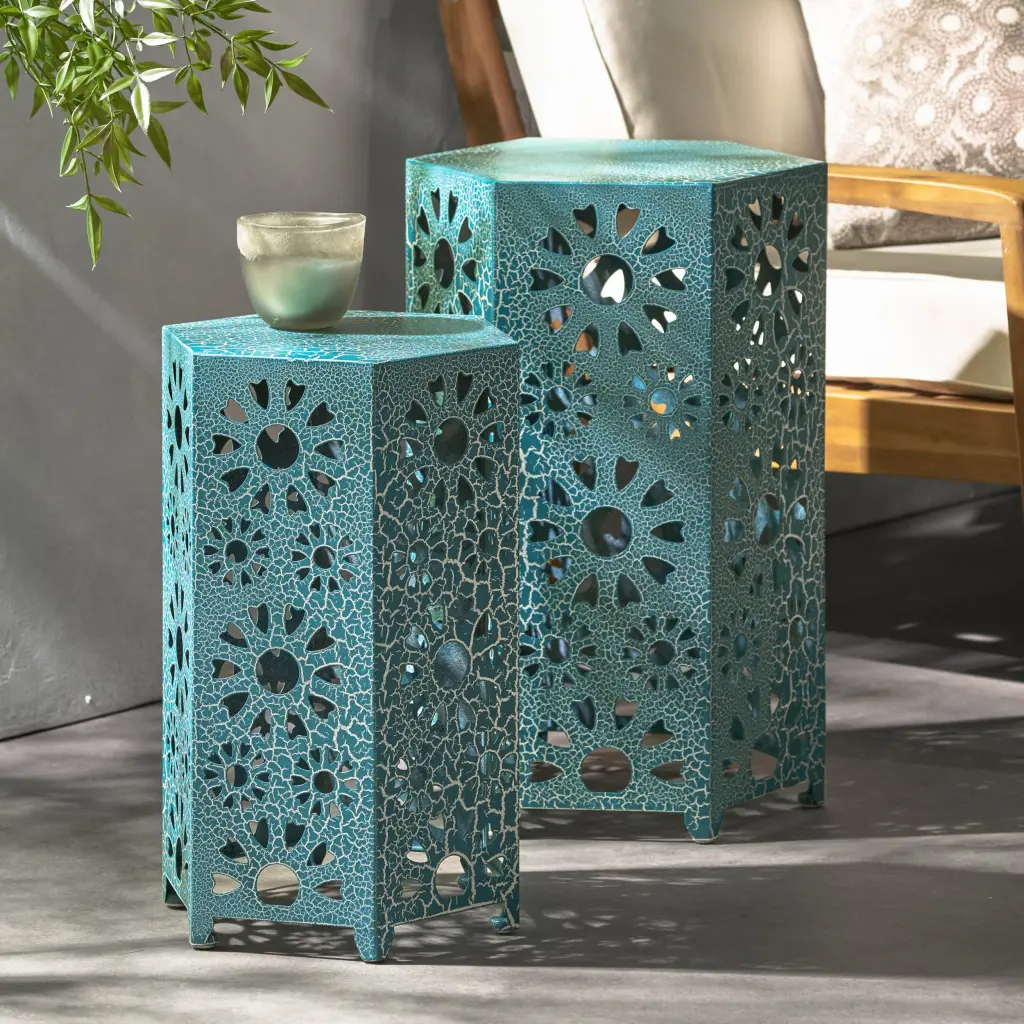 Eliana Side Table Teal Iron Accent Table Living Room or Bedroom nh-gardenpara