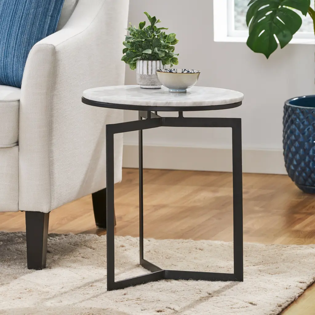 Round Accent Side Table Natural Black Marble Top and Metal Base nh-purenest