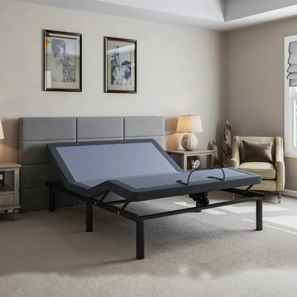 BT2000 King Adjustable Bed Blue Gray Upholstered Frame omne sleep