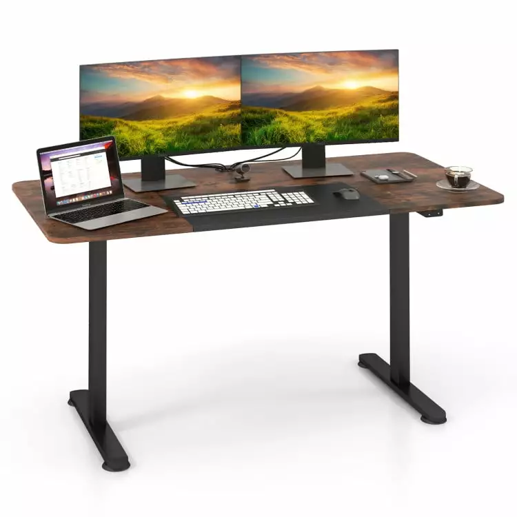 GVN 55 Inch Electric Height Adjustable Office Desk Cable Management Brown Gaming Study Writing Desk