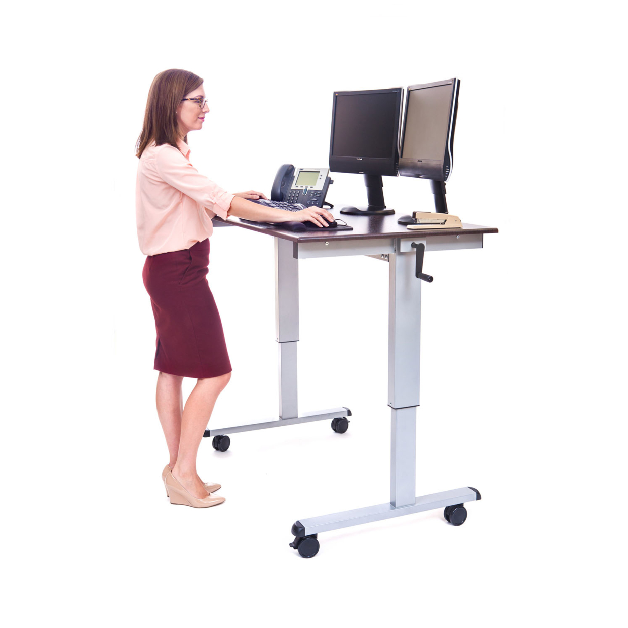 Offex 48 Inch High Speed Crank Adjustable Desk Silver Dark Walnut Office Furniture