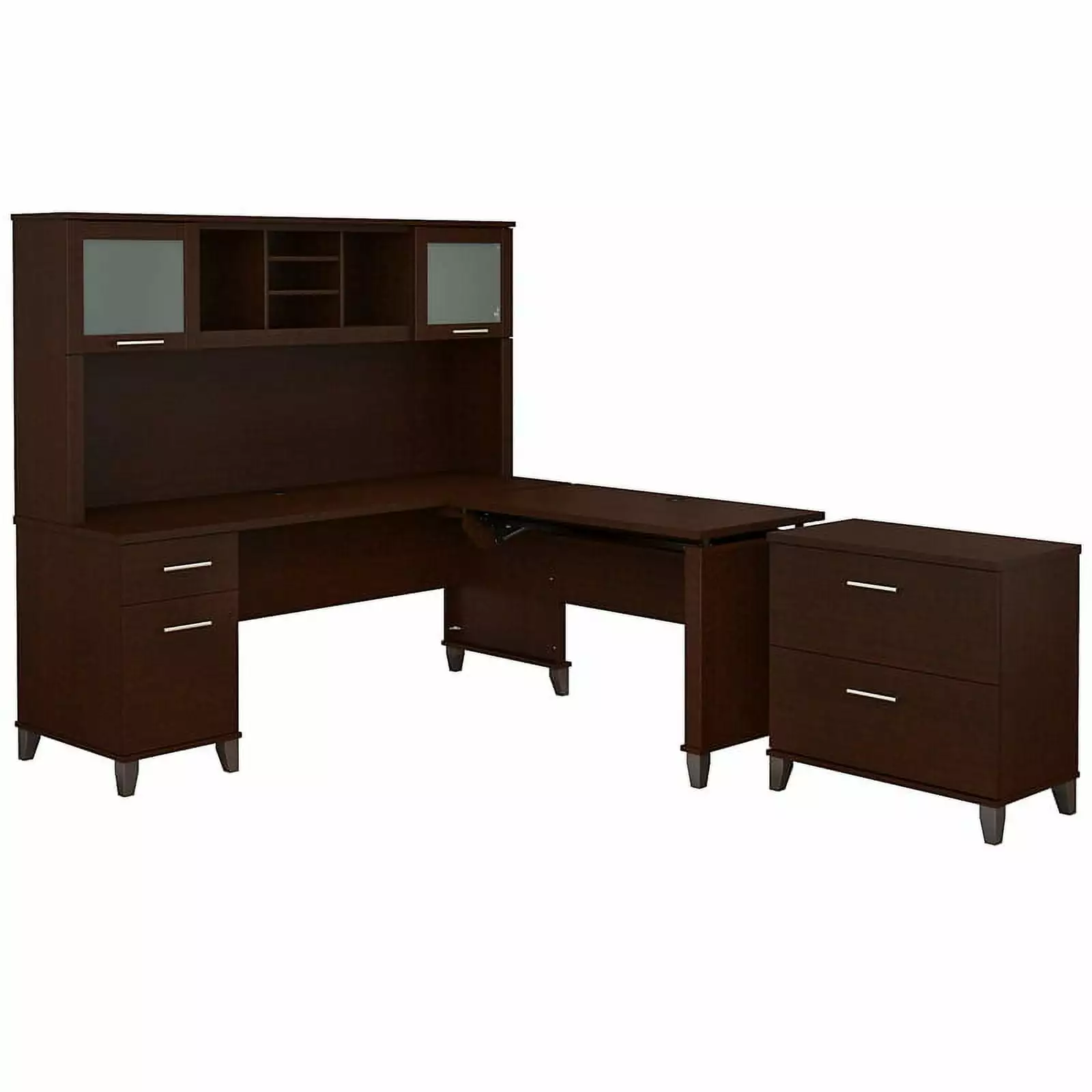Pemberly Row Sit to Stand L Desk Hutch and Cabinet Cherry