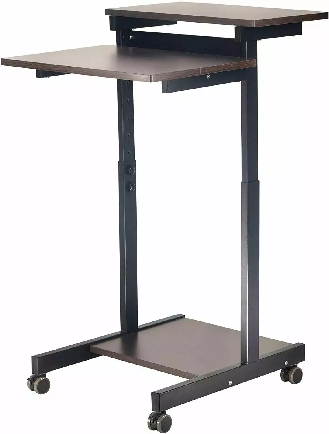 POCHAR Height Adjustable Computer Station Mobile Computer Desk Two Tier Rolling Computer Cart Black Frame Espresso Top