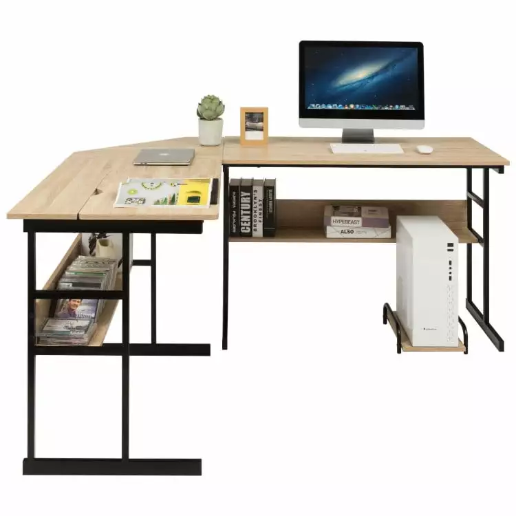 Resenkos L-Shaped Computer Desk Tiltable Tabletop Natural Finish
