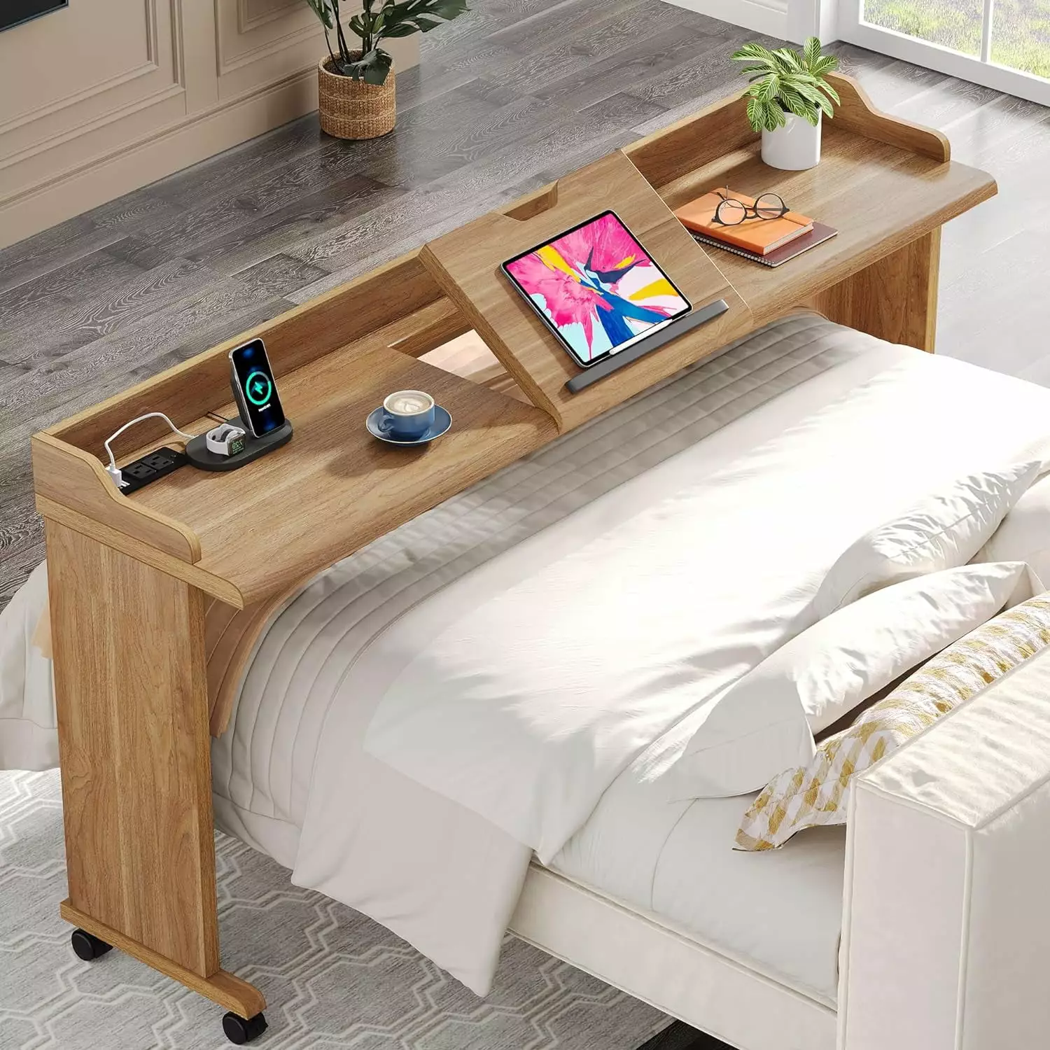 Tribesigns 70.8 Over Bed Table Outlet and USB Adjustable Drafting Table Wheels