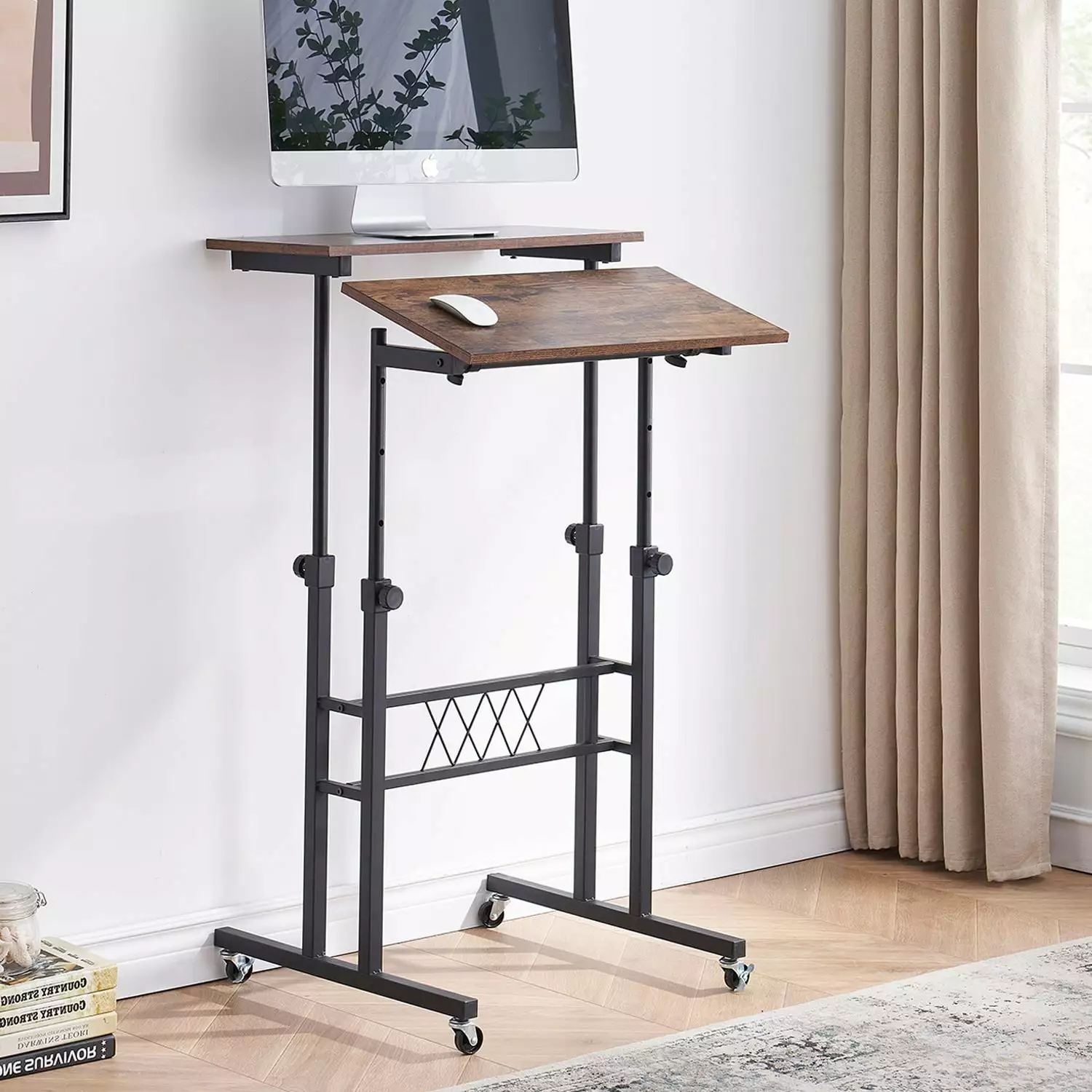VECELO Height Adjustable Computer Desk Rollable Casters Home Office Brown