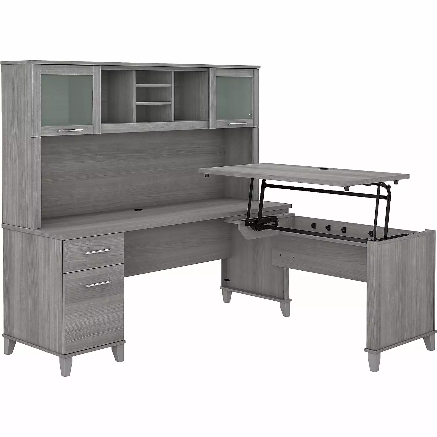 Somerset 72W Sit to Stand L Desk Hutch Platinum Gray Engineered Wood Adjustable Desk Bush Furniture