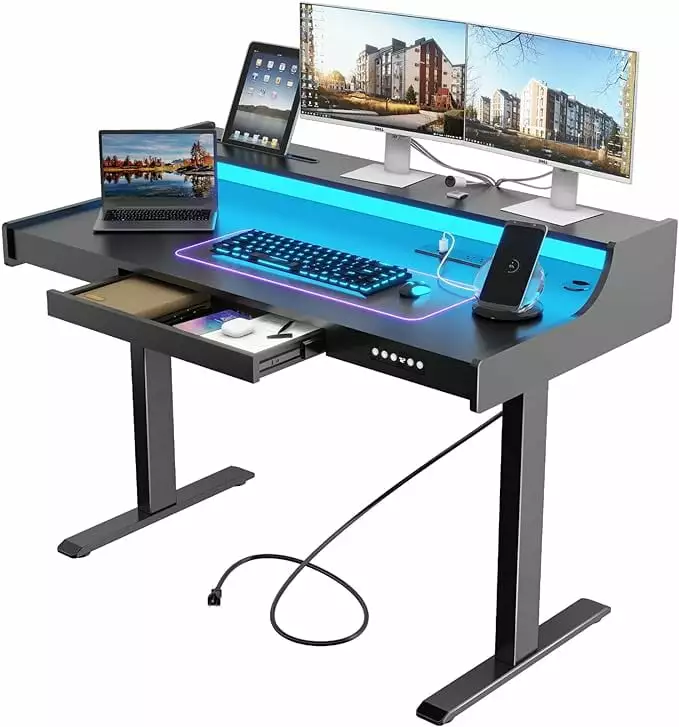 Jolly Jaunts Gaming Desk Power Outlet and LED Light Electric Adjustable Height Standing Desk Home Office