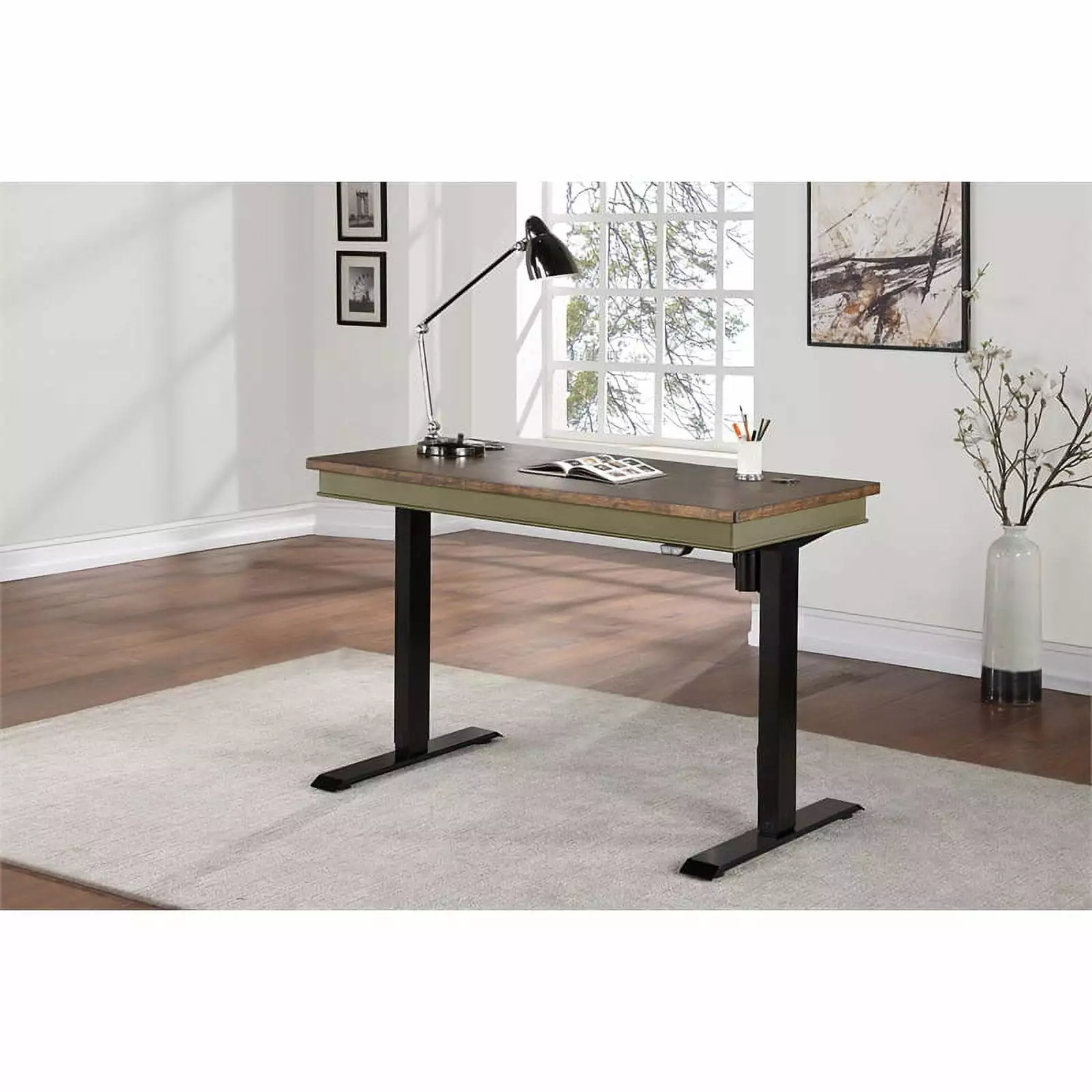 Farmhouse Electric Sit/Stand Desk Height Adjustable Green Wood Martin Furniture