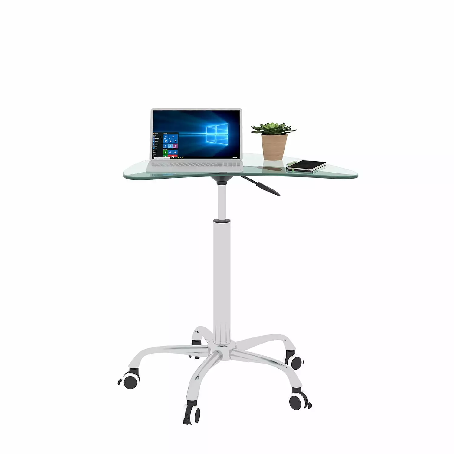 Oufan Adjustable Height Transparent Tempered Glass Table Desk Lockable Wheels 24.2 to 32.7 Inches