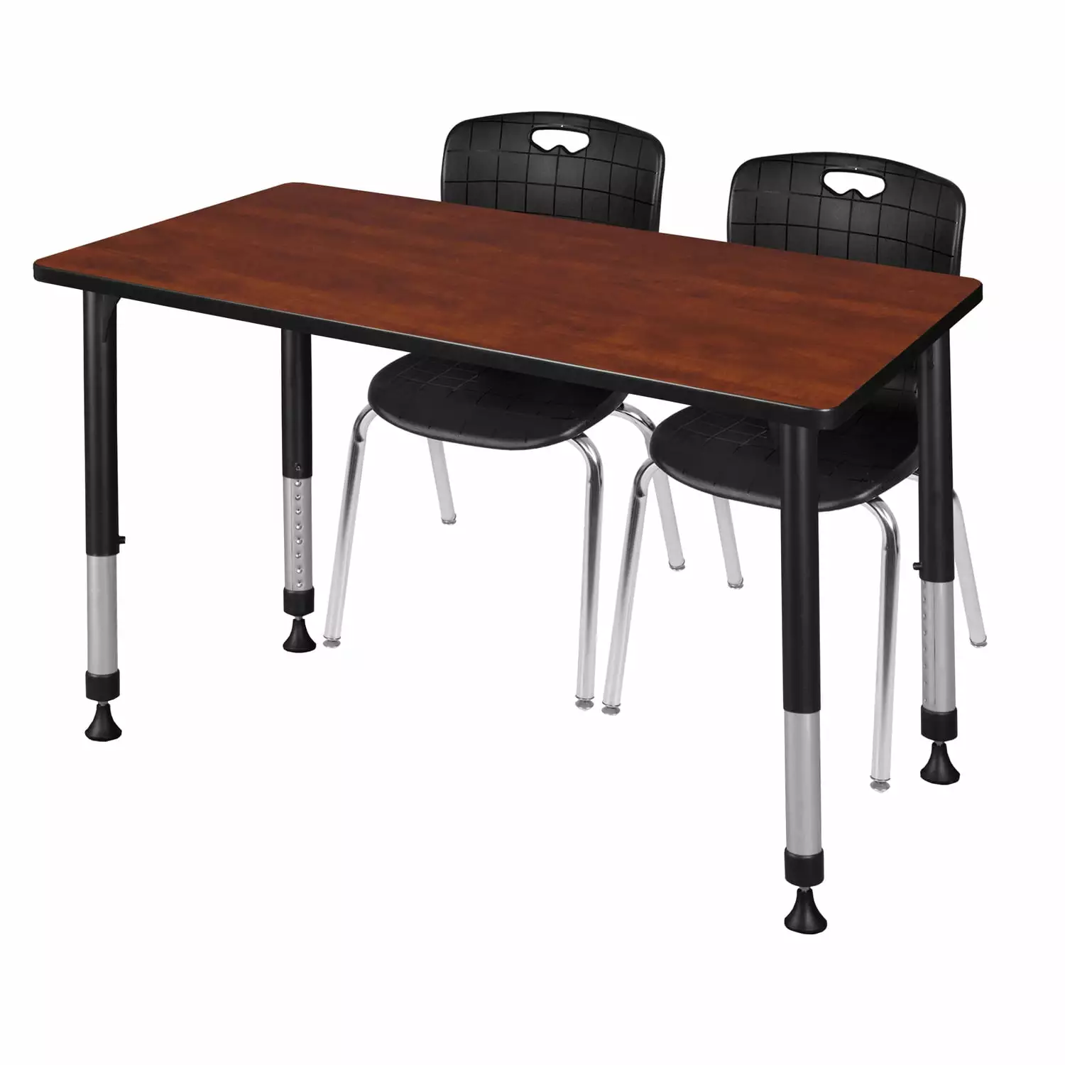 Regency 48 x 30 Inch Kee Height Adjustable Classroom Table Cherry 2 Andy 18 Inch Stack Chairs Black