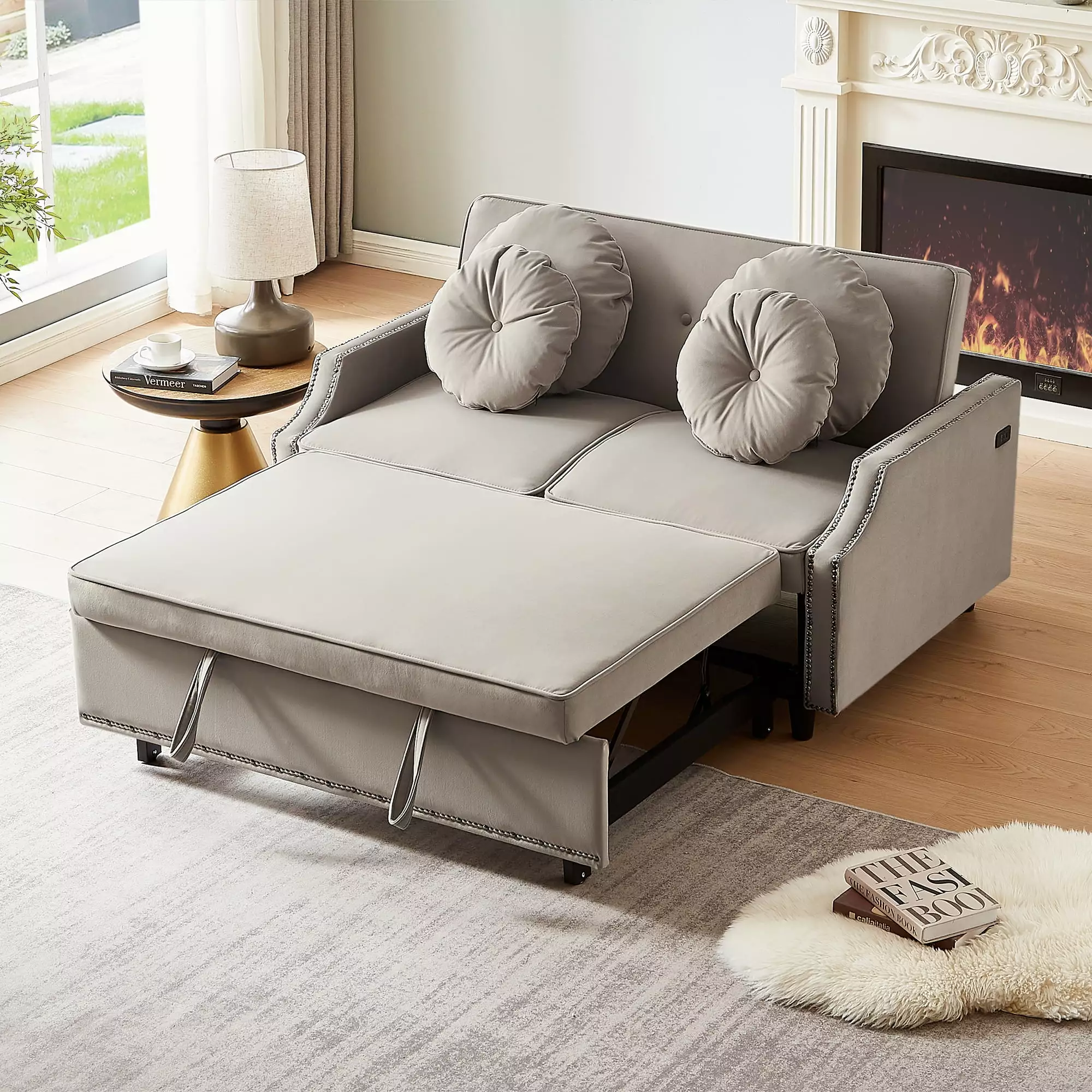 54.7 Multiple Adjustable Positions Sofa Bed Button Tufted Backrest and USB Ports Jamini