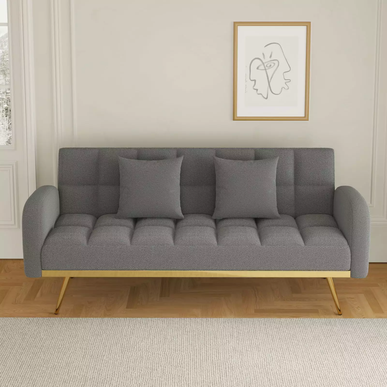 Miekor Furniture 69 Inch Grey Sofa Bed Adjustable Backrest and Teddy Fleece Throw Pillows