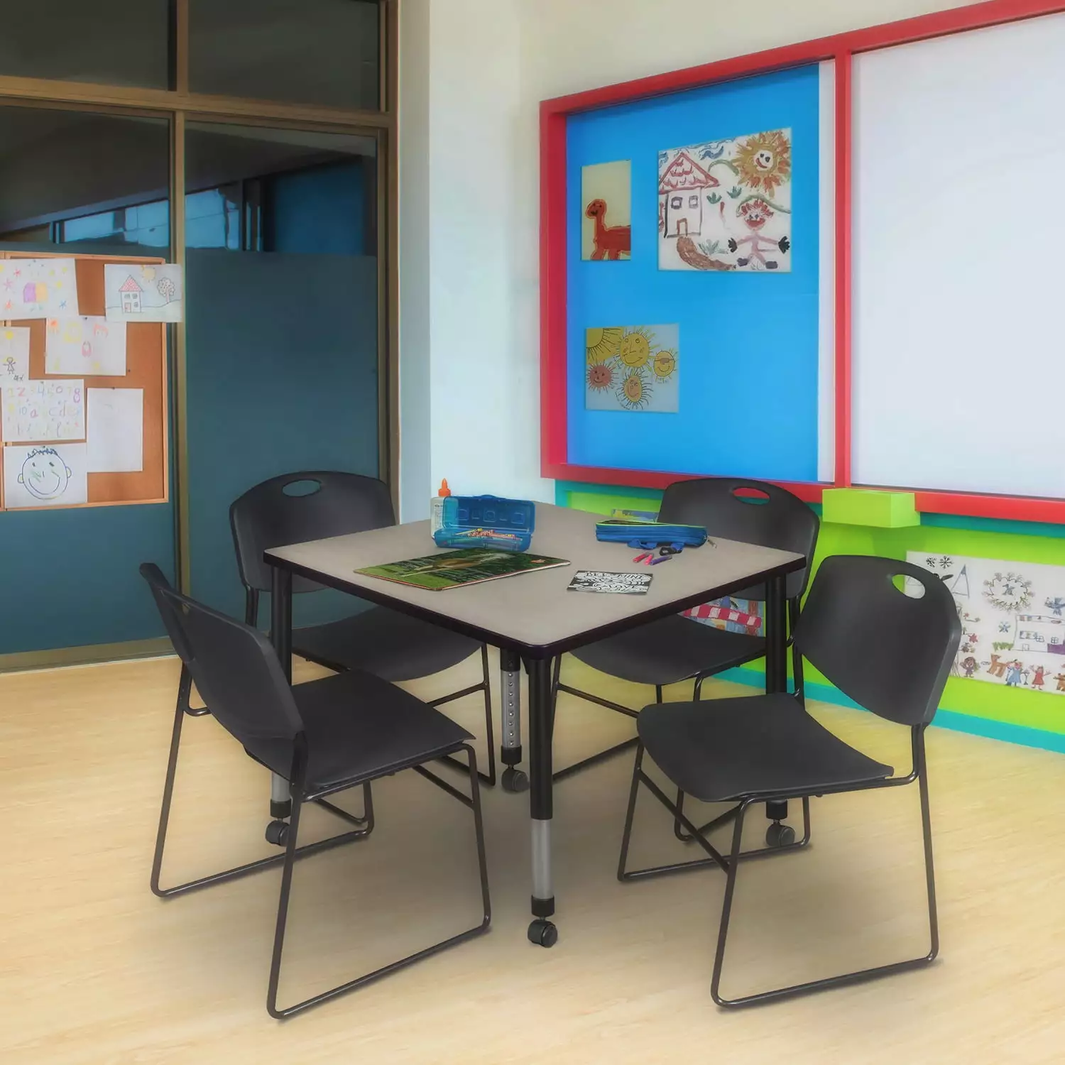 Regency Kee 36 Square Height Adjustable Mobile Classroom Table 4 Black Zeng Chairs